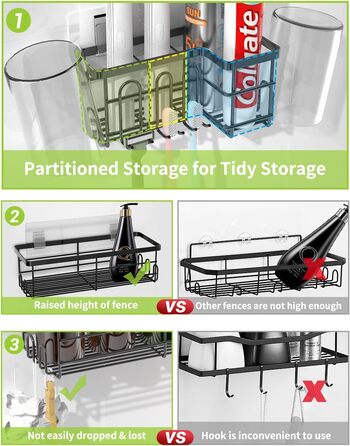 Душова полиця TONGKTAI без свердління, 3 шт. и, нержавіюча сталь, полиця для ванної кімнати з гачком, чорна
