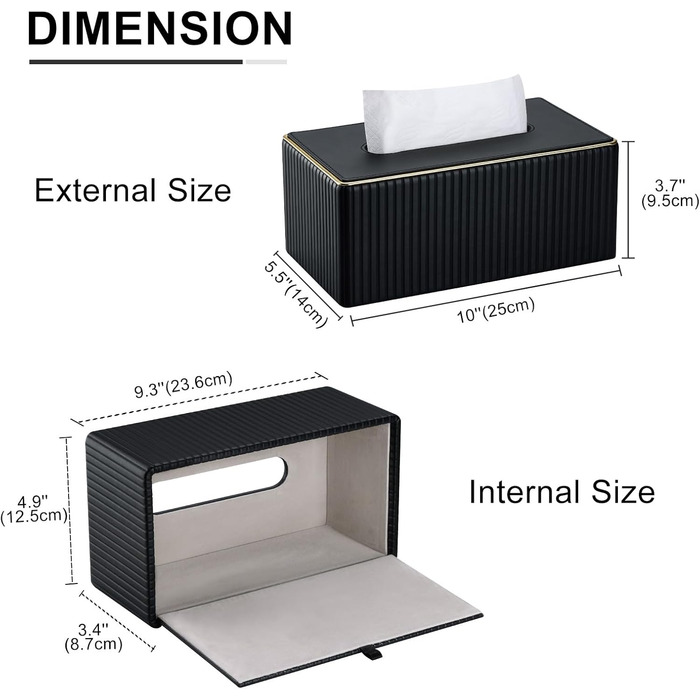 KINGFOM Склянка для серветок з золотим оздобленням, шкіра PU, чорна, прямокутна | Склянка для серветок у вітальню, ванну кімнату, офіс