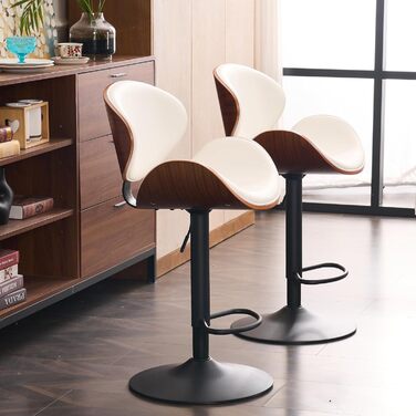 Барний стілець YOUTASTE з вигнутого дерева, 1 шт., 360° обертання, з підлокітником та підніжкою, PU-шкіра, білий