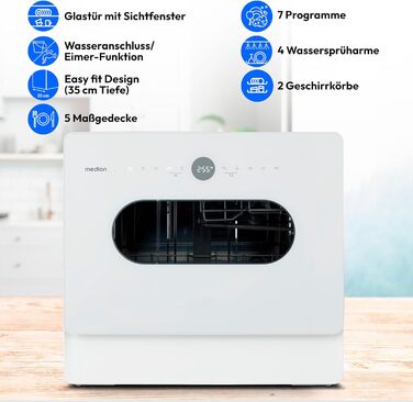 MINI посудомийна машина MEDION DWT51 (біла, зі скляними дверцятами, 5 комплектів посуду, таймер, без підключення до води)