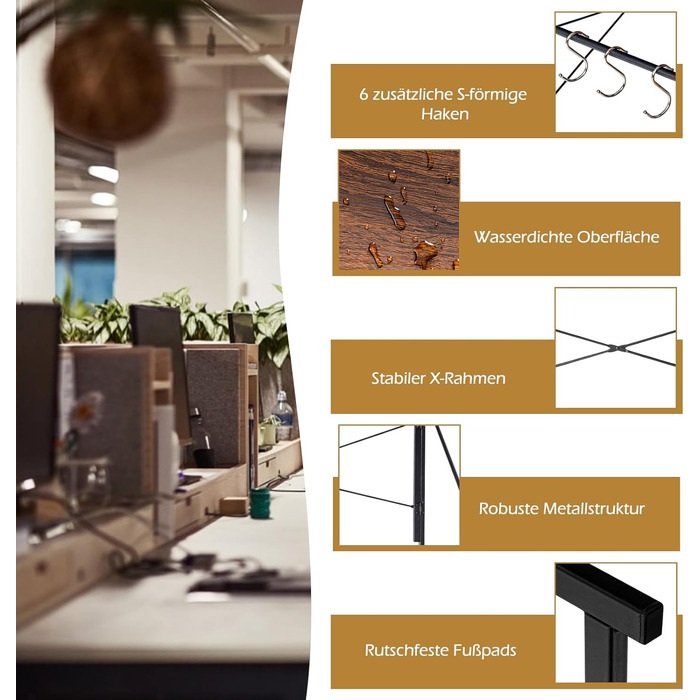 Складаний стіл COSTWAY, розкладний стіл 100 x 50 см з 6 гачками та металевим каркасом, компактний комп'ютерний стіл Промисловий робочий стіл для домашнього офісу, вантажопідйомність 115 кг (коричневий)