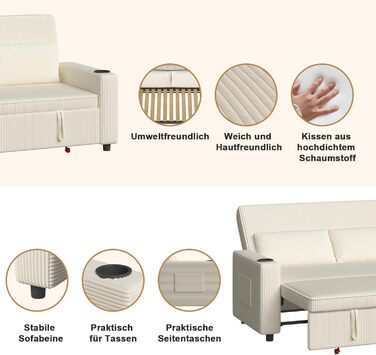 Диван-ліжко JUMMICO 2-місний бежевий з функцією розкладання, подушками та підсклянниками для вітальні/спальні 75x160x93 см