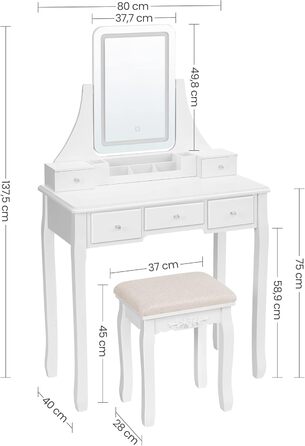 Туалетний столик VASAGLE, LED підсвічування, обертове дзеркало, табурет, 5 ящиків, органайзер для макіяжу, білий