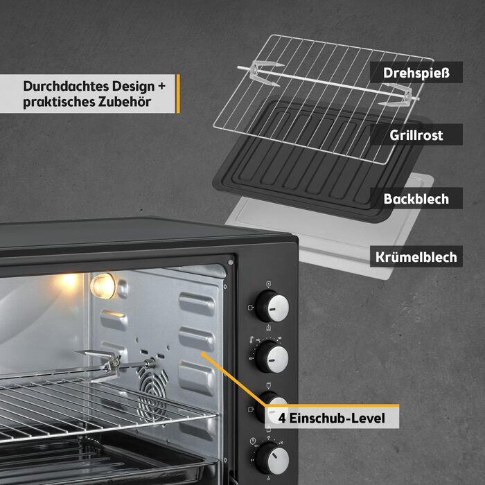Міні-піч TZS First Austria 60L 2000W з регулюванням температури до 230°C, 6 режимів, таймер на 60 хв, 4 рівні встановлення, дека, решітка-гриль та вертулка