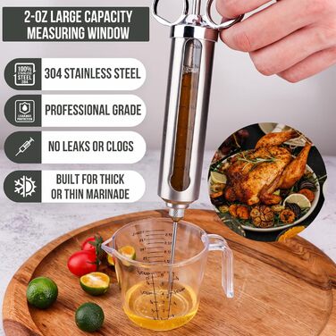 Набір для інжектування м'яса: шприц для маринування, копчення та грилю. Підходить для індички, грудки та грилю. Велика ємність з нержавіючої сталі 57 мл, без витоків та засмічень.