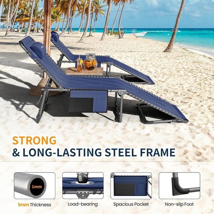 Розкладне ліжко для кемпінгу UDPATIO: зручне ліжко для відпочинку на природі з регульованою спинкою та подушкою (Navy)