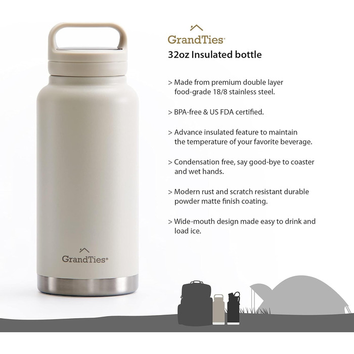 GRANDTIES Фляга для води 946 мл з широким горлом, вакуумна ізоляція, 2 кришки, для чоловіків та жінок, білий колір