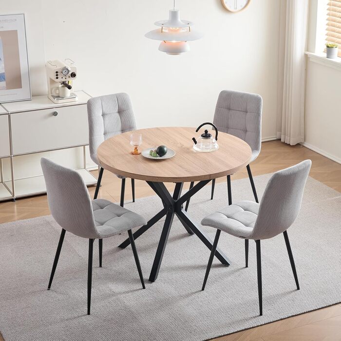 Комплект обідньої групи 5-ти частинний: круглий стіл 100 см та 4 стільці (голландський фліс). Підходить для кухні, вітальні, балкону, ресторану, офісу. Темне дерево + світле дерево/сірий (Cord).