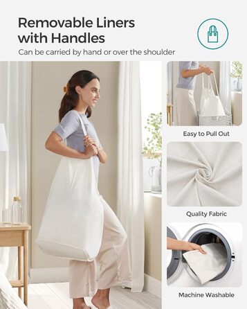 Кошик для білизни Songmics з кришкою, 90 л, з 6 мішечками, з плетеного ротанг, для ванної кімнати, 33 x 46 x 60 см