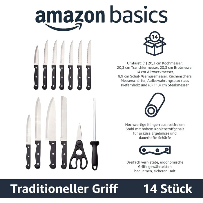 Набір ножів Amazon Basics, 14 штук, чорний колір