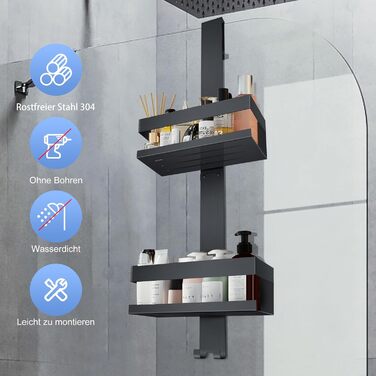 Настінна поличка для душу з нержавіючої сталі SUS304, без свердління, для скляних дверей (чорний)
