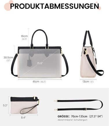 Сумка для ноутбука LOVEVOOK 15.6 дюймів, велика робоча сумка, водонепроникна сумка з PU шкіри, сумка-шоппер, акцентна сумка, сумка для навчання, сумка через плече для бізнесу, роботи, університету, школи (Бежево-чорна, M)