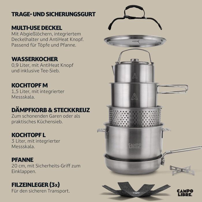 Набір посуду для кемпінгу Campo Libre Enzo I з нержавіючої сталі: компактний, індукційний, 6 або 8-ти частинний