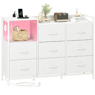 Комод Somdot для спальні, вітальні, прихожої з шухлядами, LED-підсвічуванням та розетками (2 AC, 1 USB, 1 Type-C), 5 тканинних шухляд, білий, 29T x 66,5B x 70,5H см (Комод Somdot з 8 шухлядами, біле шкірозамінник, 29T x 99B x 70.5H см)