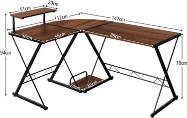 Подібний дерев'яний комп'ютерний стіл COSTWAY, кутовий стіл з підставкою для монітора та відділенням для зберігання, компактний стіл для офісу, кабінету, спальні, 147 x 112 x 79 см (коричневий)