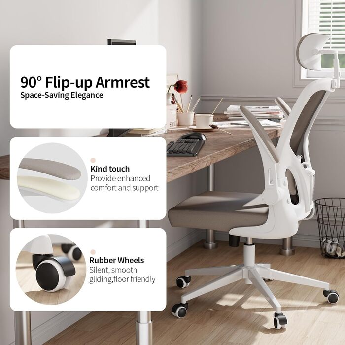 Офісний стіл Monhey: ергономічний крісло з регулюванням висоти, поворотне, з відкидними підлокітниками, дихаюча сітка, регульована підголовник та інтелектуальна підтримка попереку – для дому та офісу (01beige)