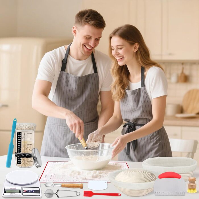 Набір для випічки хліба з закваски Aliggbent: 38 предметів, корзини для бродіння (25,4 см), скляний набір (680 мл), вага, кишені та аксесуари