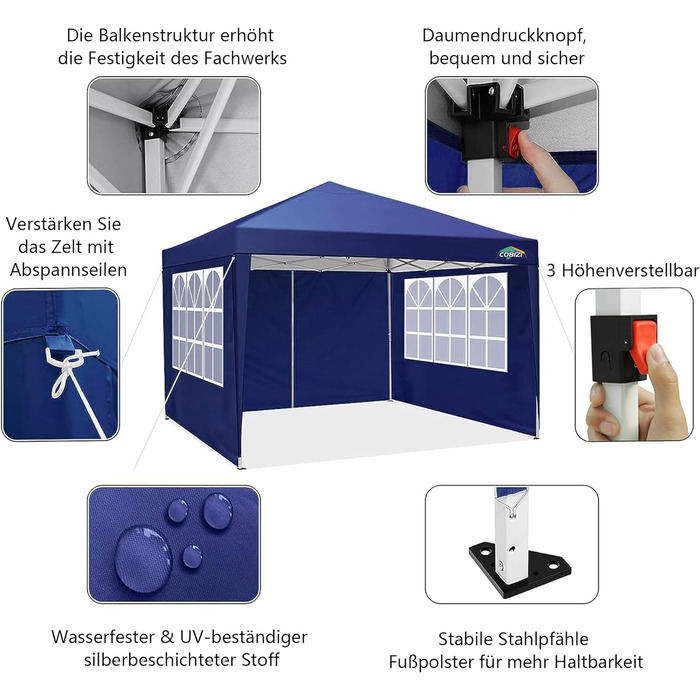 Альтанка COBIZI 3x3 Водонепроникна альтанка з навісом з 4 бічними панелями Відкритий намет з балдахіном Стабільний захист від ультрафіолету 50 висувних садових альтанок для вулиці, саду, вечірки, весілля, ринку (темно-синій, 3x3 м)