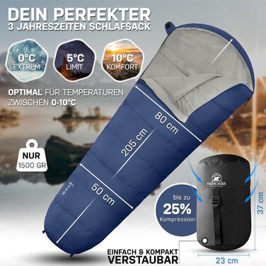 NORDBÄR® Спальний мішок 3 сезони, ультралегкий 750г/1500г, для кемпінгу та подорожей, тип мумія, компактний, 100GSM/300GSM, літній туристичний спальник