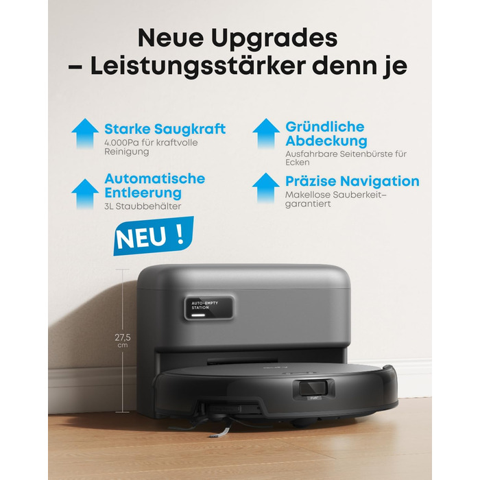 Робот-пилосос eufy C10 з автоматичною станцією самоочищення, 7,3 см, для прибирання килимів, з бічною щіткою для кутів, лазерна та інфрачервона навігація