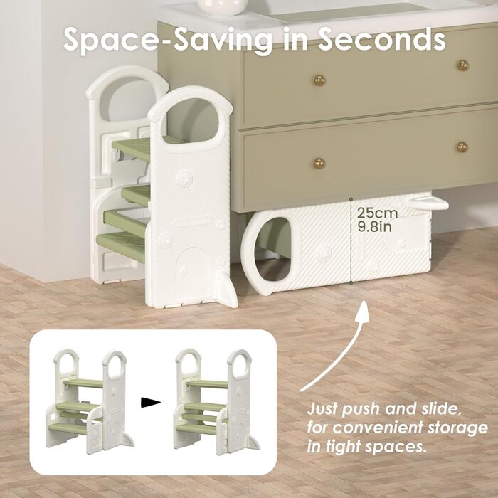 Триттхокер Hoopyosms для дітей, 2/3-рівневий, регульована висота, складаний, з поручнями, антиковзаюча поверхня, для ванної та кухні, підходить для малюків (зелений)