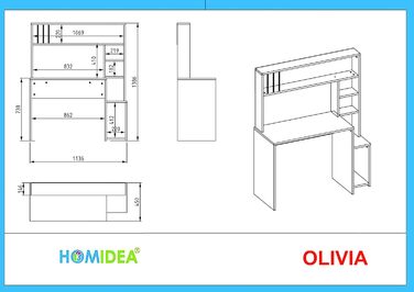 Комп'ютерний стіл HOMIDEA Olivia з полицями 45T x 114B x 139H для офісу, вітальні, дитячої кімнати (білий)