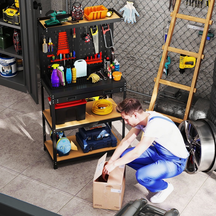 Робочий стіл 80 x 40,5 x 155 см: інструментальний стіл з перфорованим щитом, гачками, ящиком та 2 полицями для майстерні, чорний