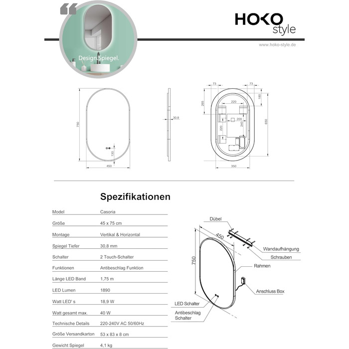 Дзеркало для ванної кімнати LED HOKO Design Turin, овальне, 45x75 см, матовий чорний каркас, сенсорне керування, LED-підсвічування, антизапарник