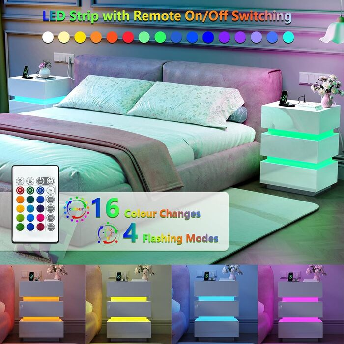 Нічний столик з розеткою та LED, нічний комод з функцією зарядки та USB, 2 висувні ящики (45x35x46/62 см, білий, набір 2 шт.)