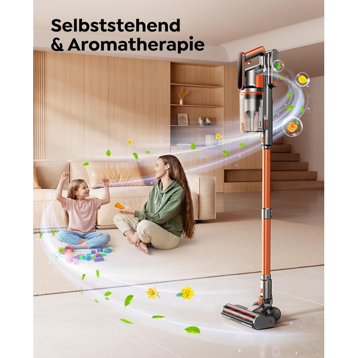 Бездротовий пилосос Fieety з акумулятором, 600W, 50kPa, 65 хв роботи, станція для зарядки на стіні, ароматерапія, автоматичний режим, сенсорний екран, висувний шланг 1 м для твердих поверхонь, килимів, шерсті тварин, автомобіля