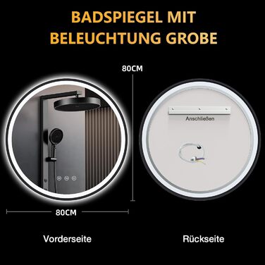 Круглий дзеркало PESENXAN 70см з чорною рамою та підсвічуванням - антизапарник, з регулюванням яскравості, 3 кольори світла, LED, енергозберігаючий, сенсорне управління та функція пам'яті - чорний (антизапарник, 3 кольори світла, регулювання яскравості, 8
