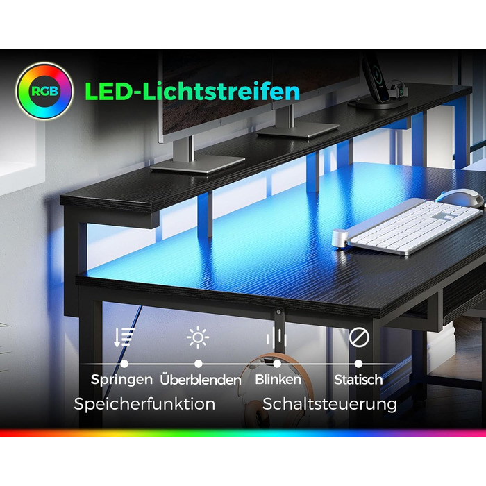 Ігровий стіл Coleshome з LED підсвічуванням, стіл для дому та офісу з ящиками з тканини, комп'ютерний стіл з 2 розетками та 2 USB-портами, стіл для геймінгу з підставкою для монітора, білий (140x48 см, чорний)