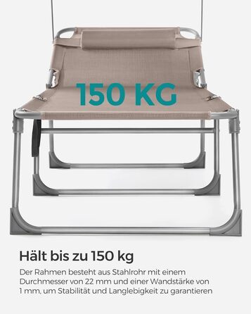 Лежак для відпочинку SONGMICS, великий, розкладний, 200 x 71 x 38 см, вантажопідйомність 150 кг, з сонцезахисною капелюхом та регульованою спинкою, для саду, басейну, тераси, темно-сірий (Taupe)