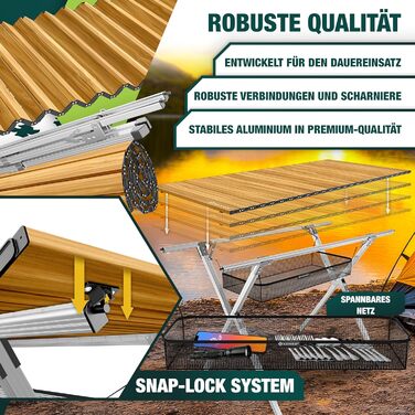 Кемпінговий стіл KESSER® розкладний, з алюмінієвим каркасом, регулювання висоти, 90x53 см, до 100 кг, з сумкою та сітчастою кишенею, (145x70 см, імітація дерева)