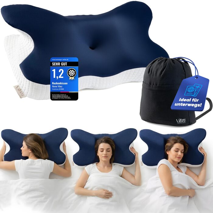 Подушка для шиї Home Vibez® з піною з пам'яті ефекту, знімає біль у шиї та плечах, ергономічний дизайн, ортопедична підтримка шиї з охолоджуючим чохлом для будь-яких положень сну, з сумкою для подорожей