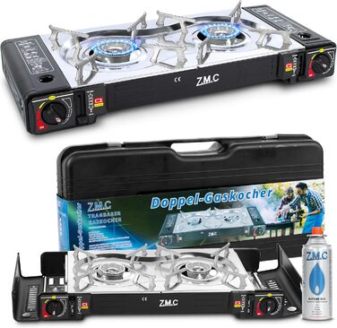 Газовий набір для кемпінгу ZMC 2-поверховий з адаптером для LPG + 4 балончики 227г + кейс, 2.5кВт, з Piezo-запалюванням, для відпочинку на природі та дому