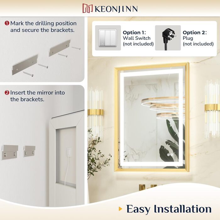 Дзеркало для ванної кімнати Keonjinn з підсвічуванням, 50x70 см, золотий металевий каркас, LED, сенсорне управління, 3 кольори світла, диммування, без запотівання, пам'ять налаштувань