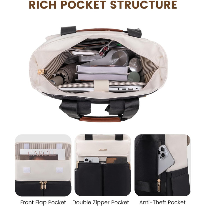 Жіночий рюкзак LOVEVOOK: компактний, водонепроникний, для ноутбука 15.6 дюймів, у стилях beige, black, brown