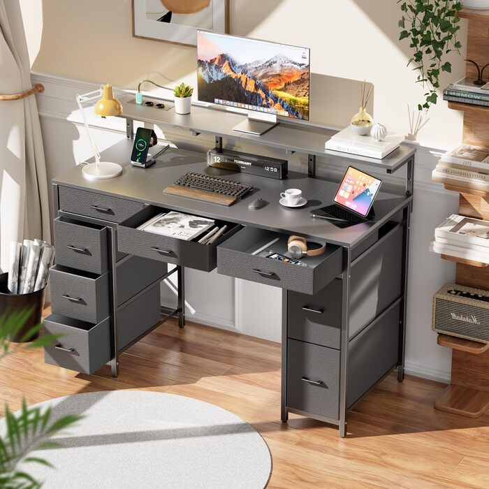 Комп'ютерний стіл з 8 висувними ящиками, 2 розетками, USB-портами, LED-підсвічуванням та підставкою для монітора, 120 x 50 x 74 см (сірий)
