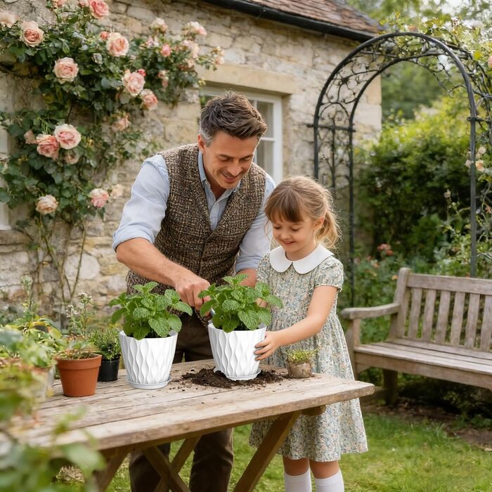 Набір горщиків для квітів 20 см, 5 шт. з підставкою та дренажними отворами, пластик, білий. Підходить для монстери, герані та інших кімнатних/садових рослин.