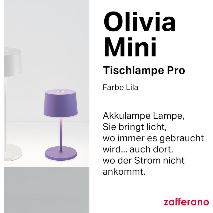 Zafferano Olivia Mini Лампа: Портативна LED-лампа з торканням, 22 см, фіолетовий колір, для дому та вулиці, диммер, 2700-3000K, з зарядним пристроєм (стара версія)