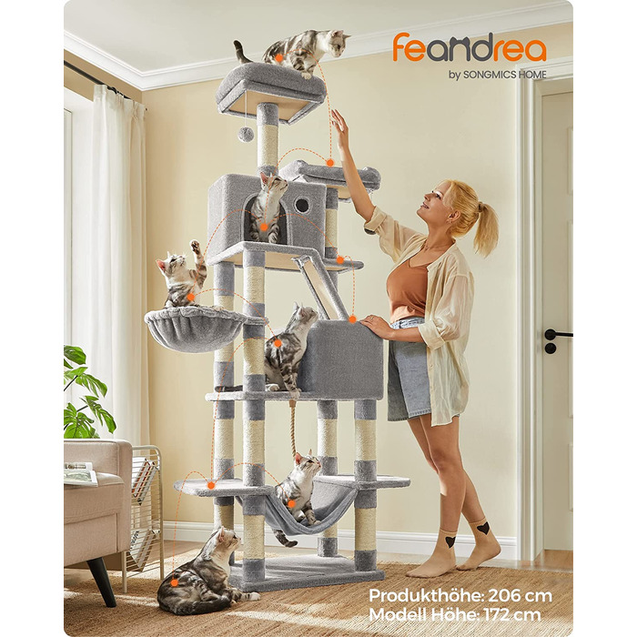 Кігтеточка Feandrea XXL, 206 см, 13 кігтеточок, 2 платформи, 2 печери, кошик, гамак, світло-сірий