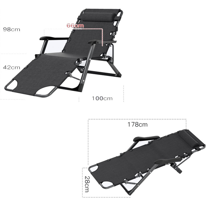 Шезлонг для відпочинку на відкритому повітрі: садова лежанка з регулюванням кута нахилу, чорна, 96x63x12 см, з подушкою з бавовни