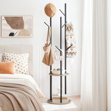 HOOBRO В'яжучий стійка для одягу, дерев'яна, з 8 гачками та 2 полицями, для вітальні, спальні, офісу, темно-коричневий/чорний