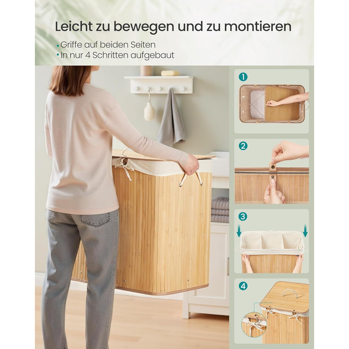 SONGMICS Кошик для білизни з кришкою, 2 відділення, бамбук, складний, знімний мішок для прання, з ручками, 170 л, для ванної кімнати, спальні, LCB014Y01