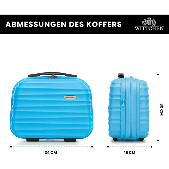 Набір валізWITTCHEN 3 в 1: велика, середня, маленька. Валізи на колесах з ABS, з кодовим замком, 4 колеса, Groove Line. Підходить для Lufthansa, Eurowings, Ryanair, Condor. (Синій, косметичка)