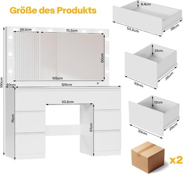 Дзеркальний туалетний столик Airfish з LED-підсвіткою та великим дзеркалом, 120x40x140 см. Туалетний столик з шухлядами та косметичним ящиком для спальні, білий