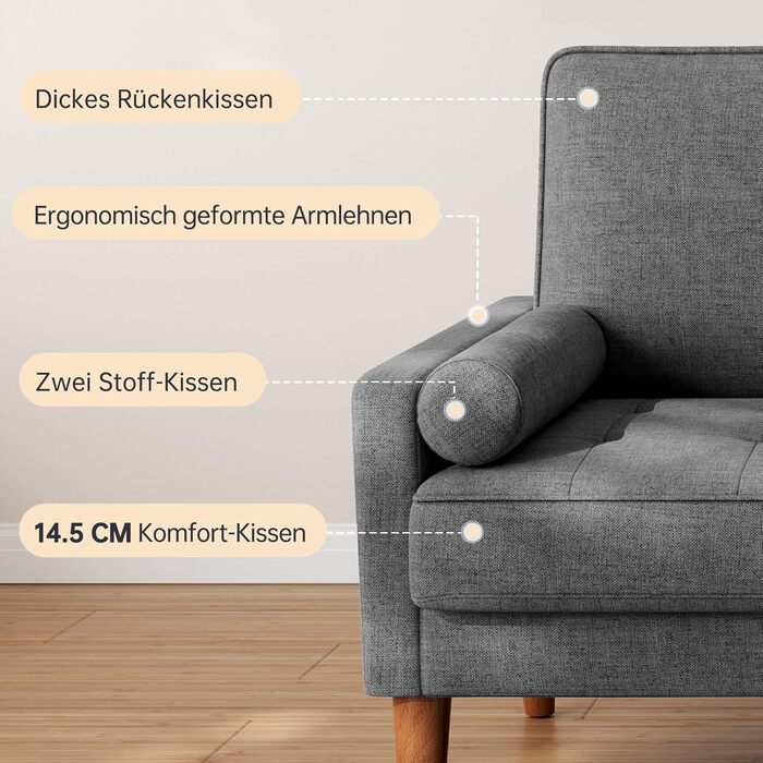 Диван Vesgantti 2-місний, 121 см, сучасний, з 2 подушками, сірий, для вітальні/квартири/офісу