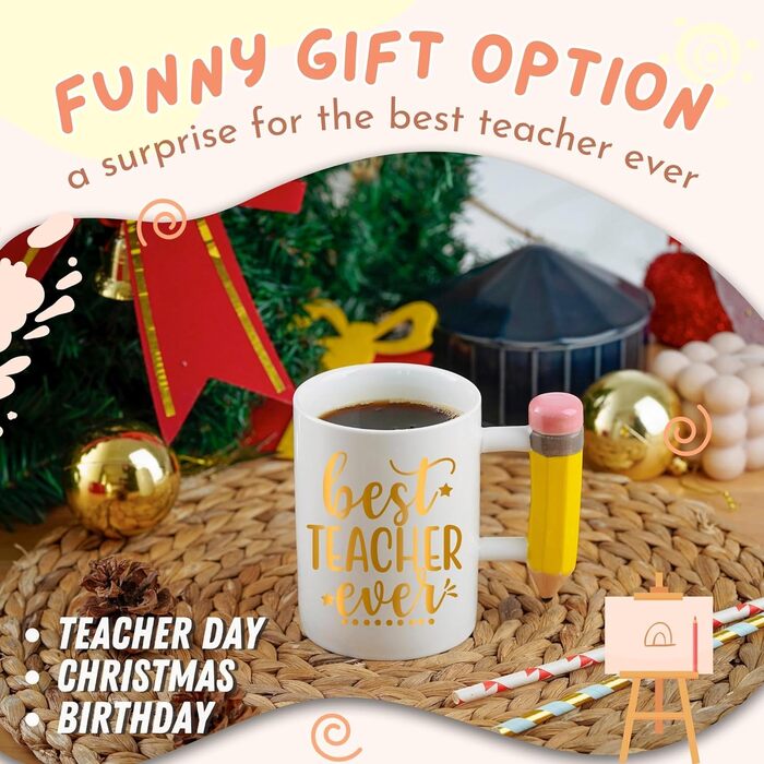 Чашка для кави Onebttl Best Teacher Ever - кумедна керамічна чашка на 400 мл з ручкою-олівцем для вчителів