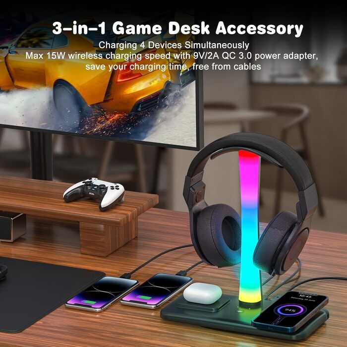 Підставка для навушників Jubor 3 в 1 RGB з бездротовим зарядним пристроєм 15W та 9 режимами підсвічування